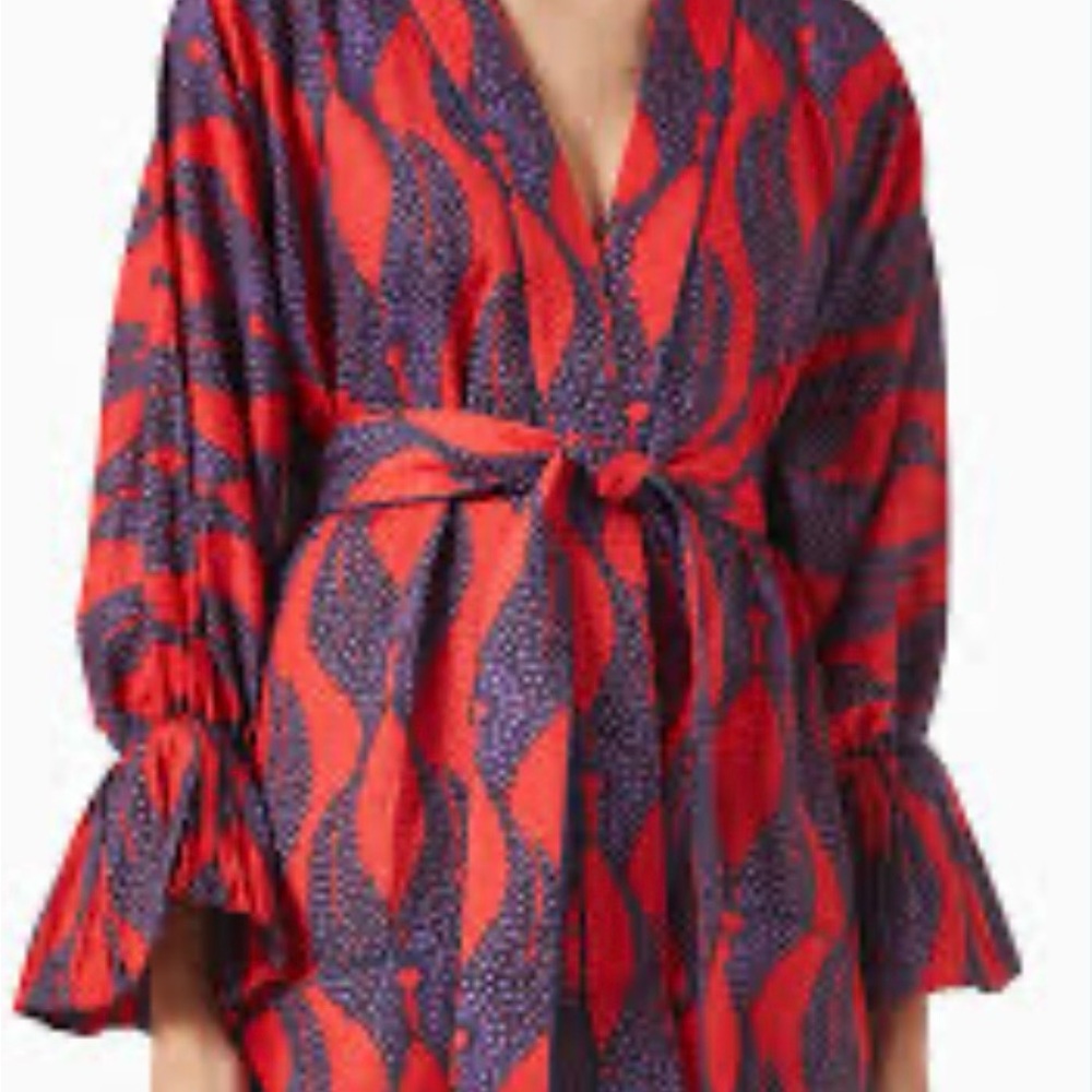 Tie-Waist Bell-Sleeve Robe in Red and Navy